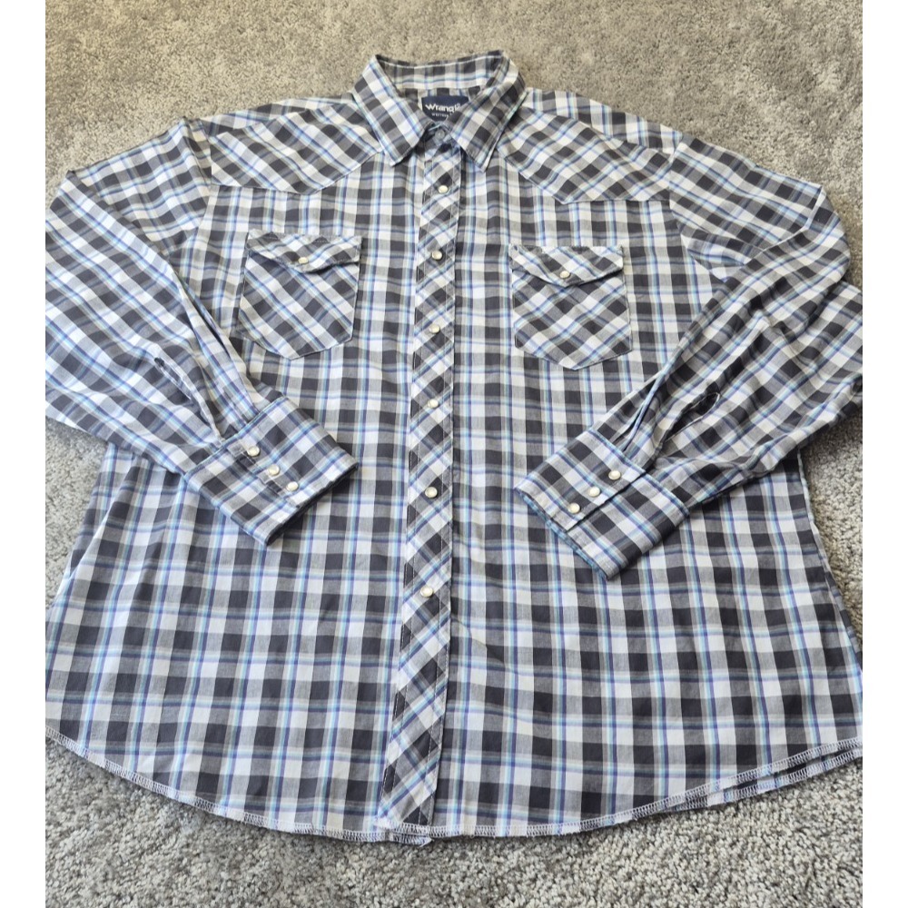 Wrangler Pearl Snap Shirt Mens XL Black Blue White‎ Plaid Western Cowboy 90s